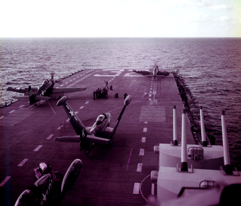 USS Leyte (CV-32) launches aircraft off Korea, circa in 1950 (80-G-K-11873)