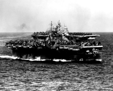 USS Langley (CVL-27) and USS Ticonderoga (CV-14) underway off Ulithi on 12 December 1944 (80-G-301354)