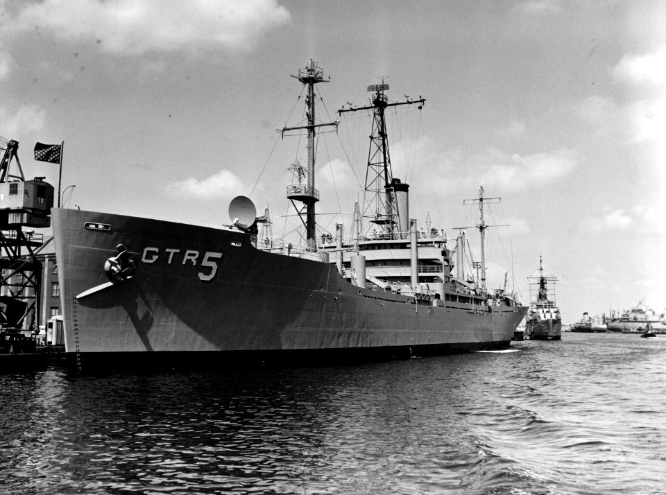 USS Liberty (AGTR-5) at the Norfolk Naval Shipyard on 2 October 1966 (NH 66862)