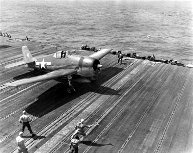 USS Lexington (CV-16) launching a Grumman F6F Hellcat, circa 12 October 1944 (80-G-285037)