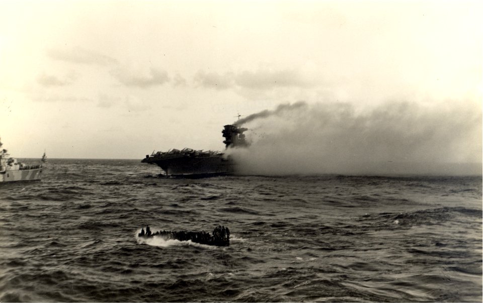 USS Lexington (CV-2) burning and listing on 8 May 1942 (NNAM.2001.205.068)
