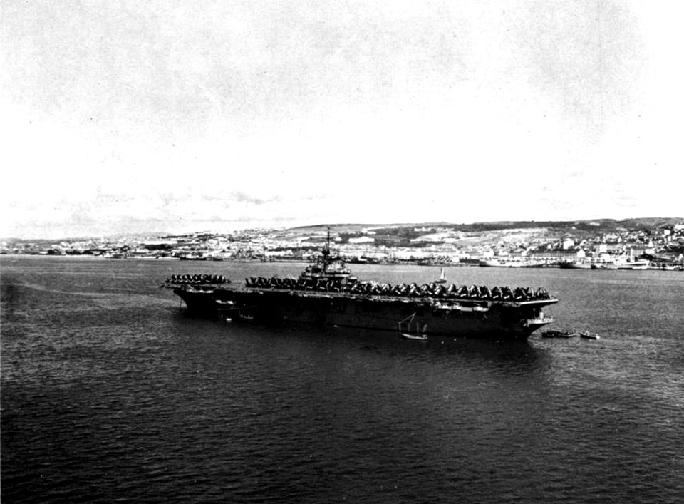 USS Leyte (CV-32) at anchor at Lisbon, Portugal, in 1950