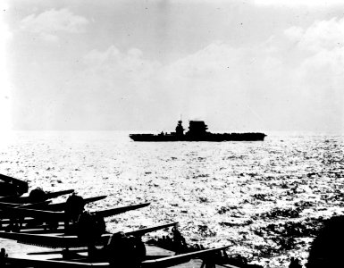 USS Lexington (CV-2) and USS Yorktown (CV-5) prepare to launch planes during the Battle of the Coral Sea, 8 May 1942 (80-G-16569)