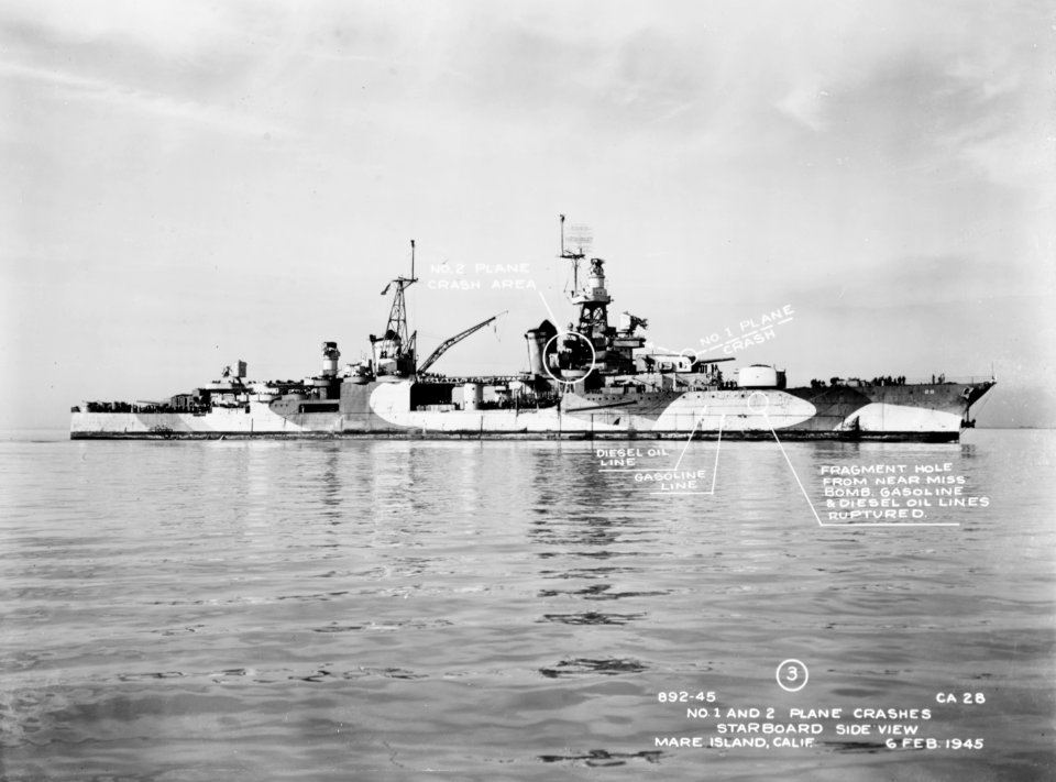USS Louisville (CA-28) arrives off the Mare Island Naval Shipyard on 6 February 1945 (NH 92362)
