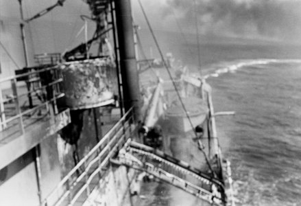 USS Liberty (AGTR-5) turns while under attack by Israeli motor torpedo boats, 8 June 1967 (USN 1123754)