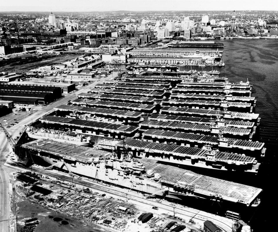 USS Leyte (CVA-32) and Reserve Fleet escort carriers at the South Boston Naval Annex on 25 July 1953 (80-G-626686)