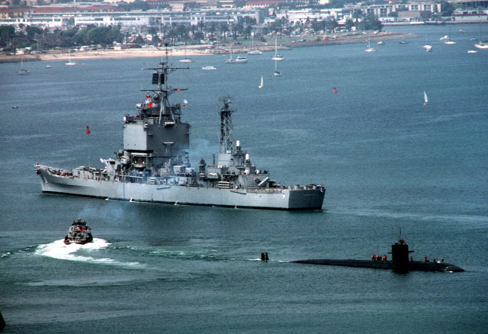 USS Long Beach (CGN-9) and USS La Jolla (SSN-701) at San Diego in 1982