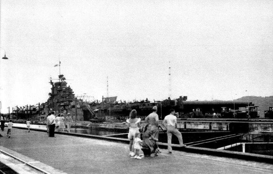 USS Leyte (CV-32) in a lock of the Panama Canal 1946