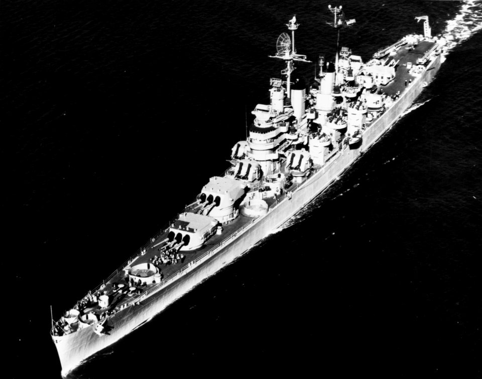 USS Macon (CA-132) underway off the Philadelphia Navy Yard on 29 October 1946