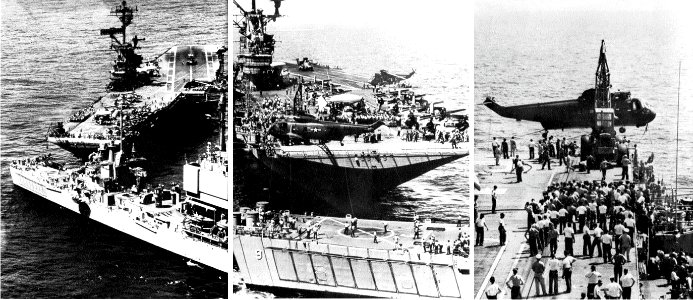 USS Long Beach (CGN-9) returns a SH-3A Sea King of HS-2 to USS Hornet (CVS-12), in 1967
