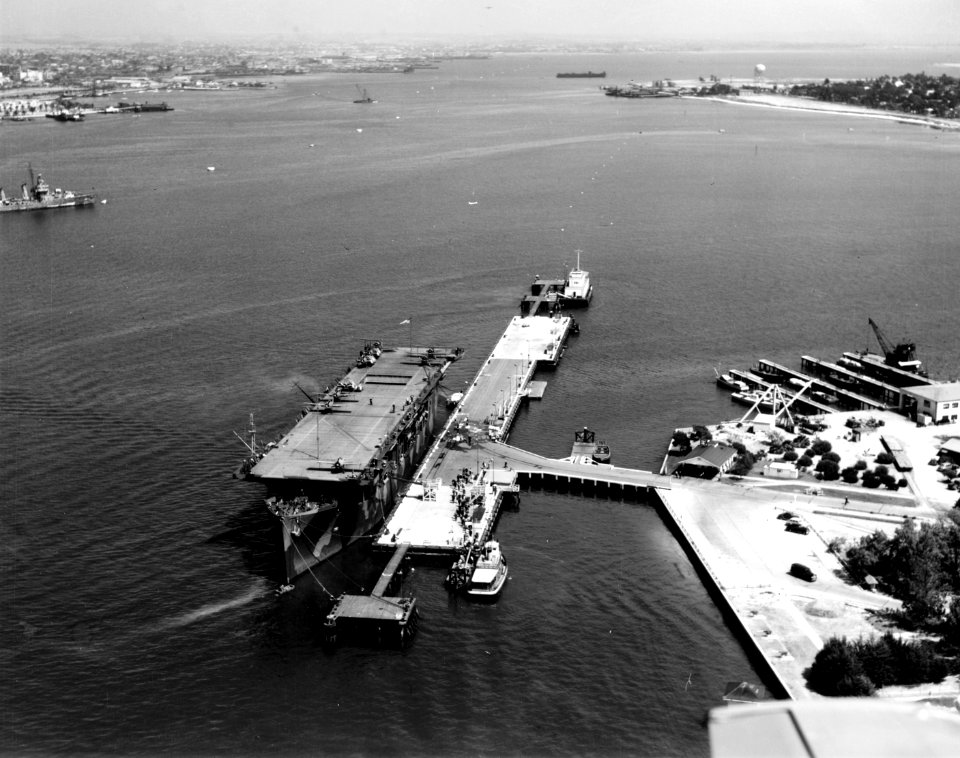 USS Long Island (AVG-1) moored at Naval Air Station North Island, California (USA), on 2 June 1942 (80-G-31839)