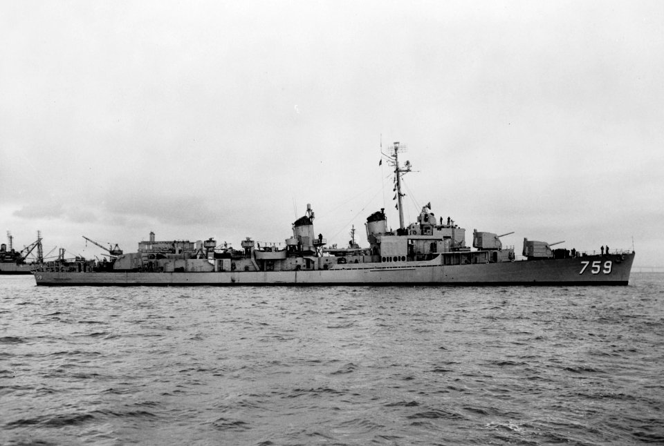 USS Lofberg (DD-759) off the San Francisco Naval Shipyard on 23 March 1957