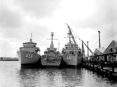 USS Lucid (MSO-458), USS Fearless (MSO-442) and USS Exultant (MSO-441) fitting out at Higgins Shipyards 1954