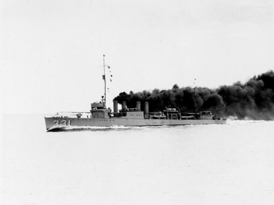 USS Macdonough (DD-331) laying a smoke screen, in the 1920s (NH 98606)