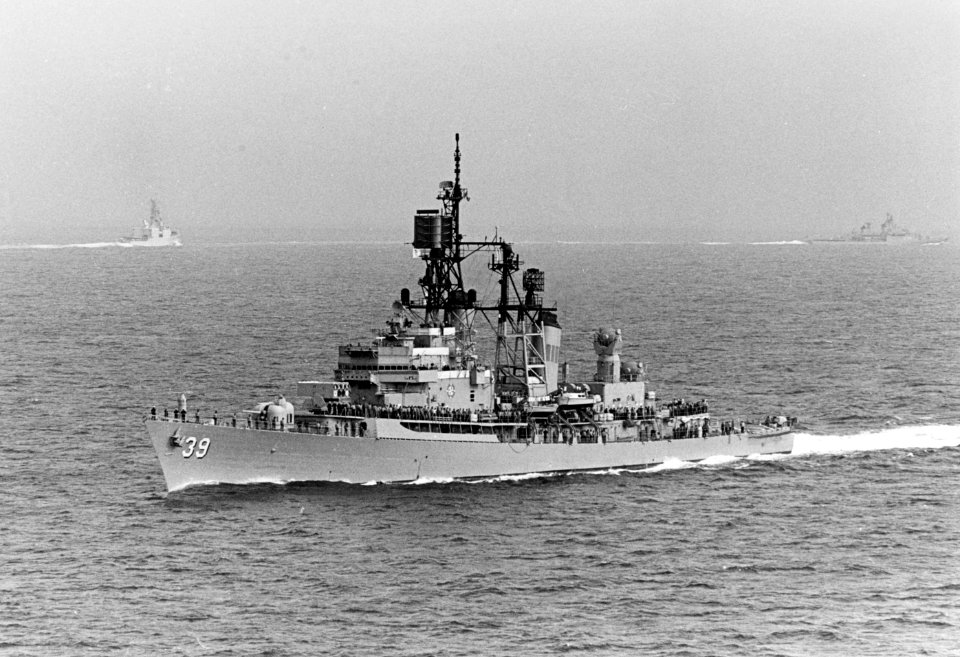USS Macdonough (DDG-39) underway during a NATO exercise on 20 August 1975