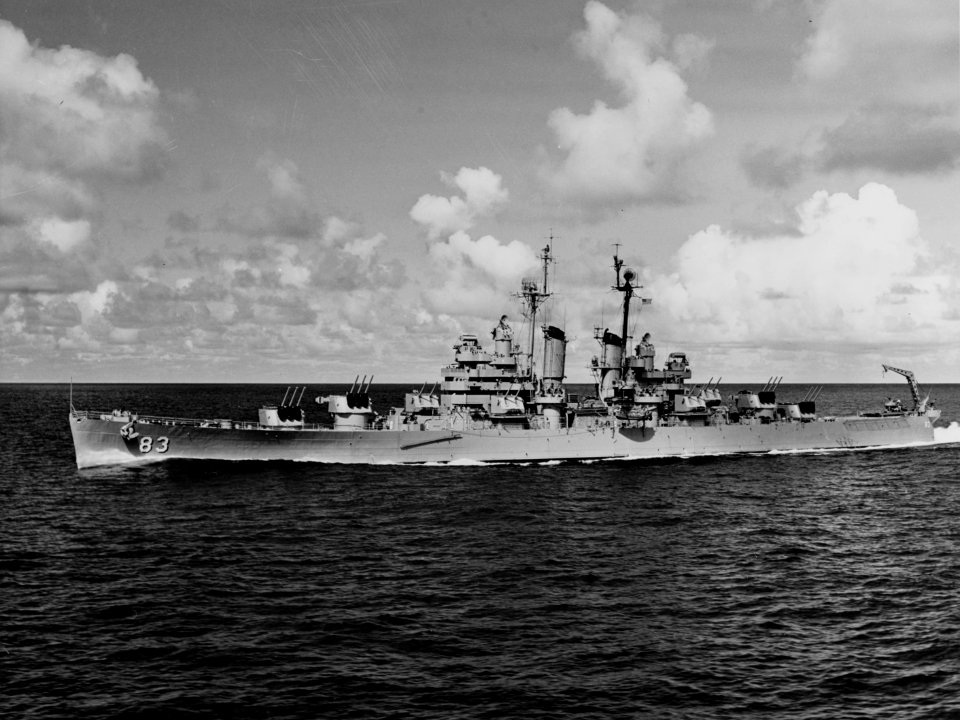 USS Manchester (CL-83) underway off Korea, circa in 1951 (NH 97180)