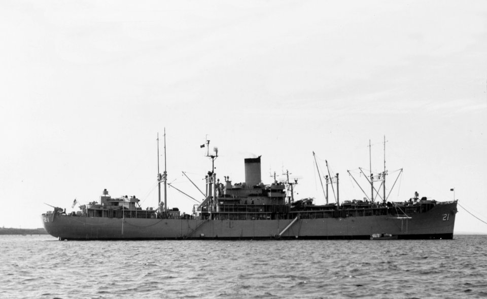USS Markab (AD-21) moored in Narragansett Bay on 10 June 1954 (NH 107748)