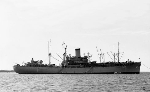 USS Markab (AD-21) moored in Narragansett Bay on 10 June 1954 (NH 107748)