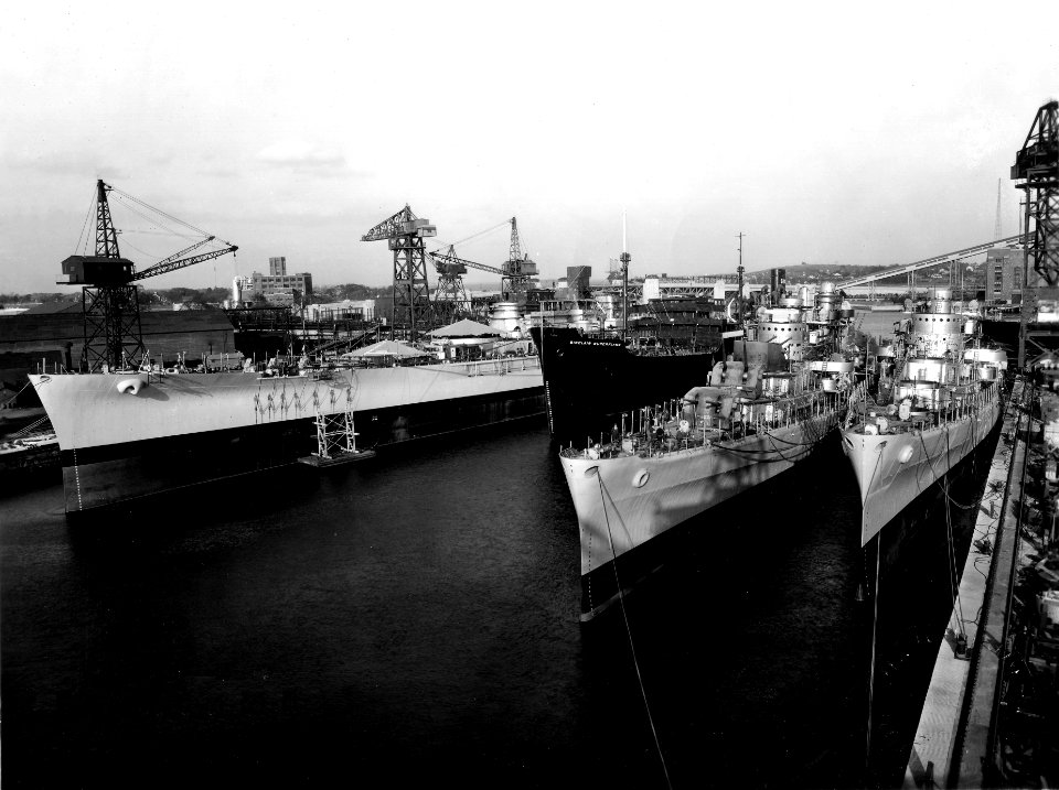 USS Massachusetts (BB-59) San Diego (CL-53) and San Juan (CL-54) at Fore River Shipyard 1941