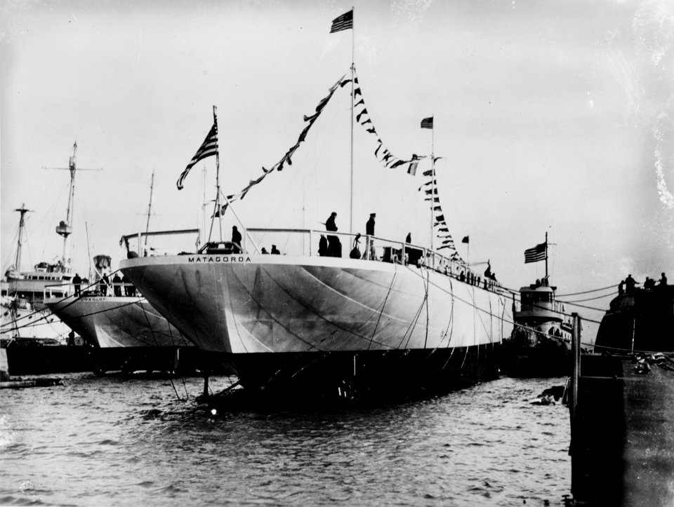 USS Matagorda (AVP-22) after her launching at the Boston Navy Yard on 18 March 1941 (19-N-30421)
