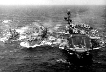 USS Mattaponi (AO-41) refueling USS Coral Sea (CVA-43) and USS Rowan (DD-782), circa in 1965