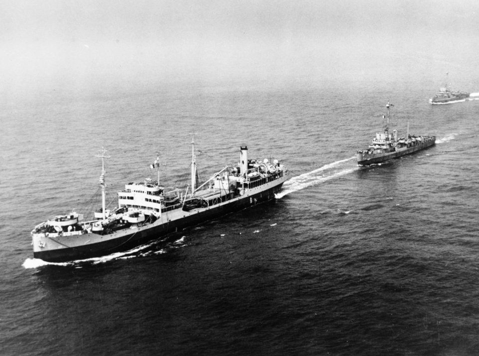 USS Mattole (AO-17) refuels USS Pride (DE-323) on 17 August 1944 (80-G-245464)