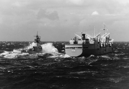 USS McCloy (DE-1038) refuels from USS Savannah (AOR-4) in the Atlantic Ocean on 12 September 1974 (K-105495)