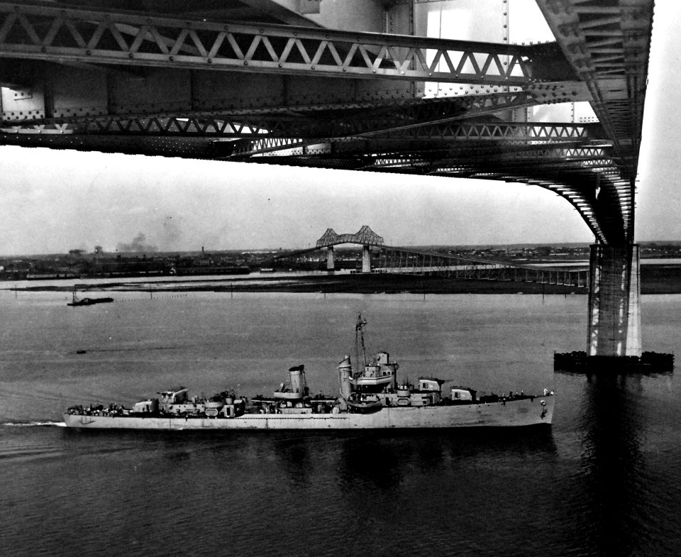 USS McDougal (DD-358) passing under the Cooper River Bridge, Charleston, South Carolina (USA), circa in 1941 (80-G-40228)