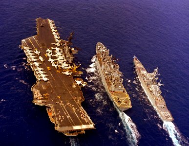 USS Midway (CV-41) and Bainbridge (CGN-25) underway 1984