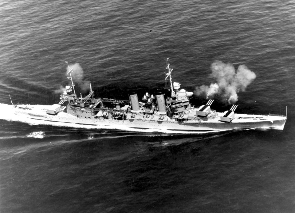 USS Minneapolis (CA-36) firing her main battery guns during battle practice, 29 March 1939 (80-CF-21343-2)