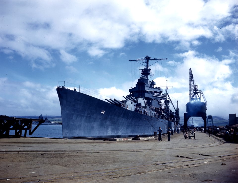 USS Minneapolis (CA-36) at Pearl Harbor Naval Shipyard on 11 April 1943 (80-G-K-544)