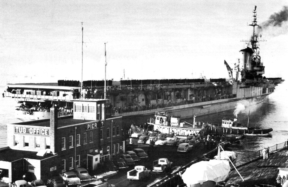 USS Midway (CVA-41) leaving Hampton Roads in 1954
