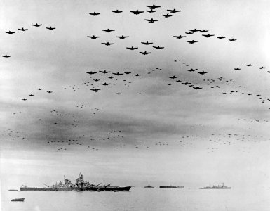 USS Missouri (BB-63) flyover, Tokyo Bay, 2 September 1945 (80-G-421130)