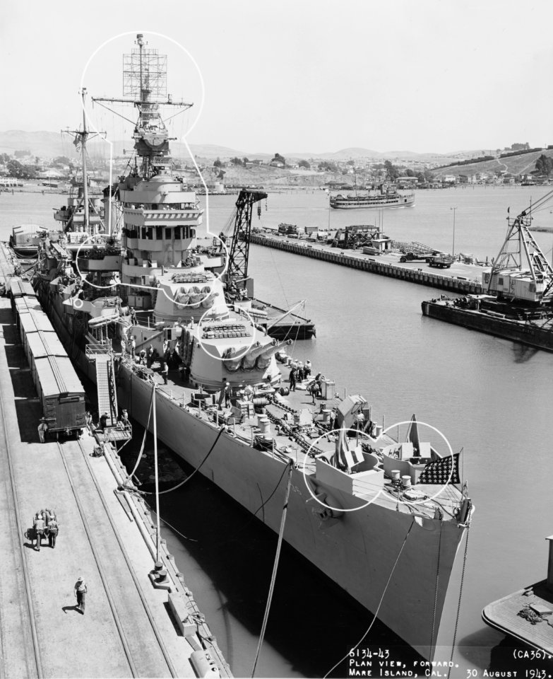 USS Minneapolis (CA-36) at the Mare Island Naval Shipyard on 30 August 1943 (19-N-51998)
