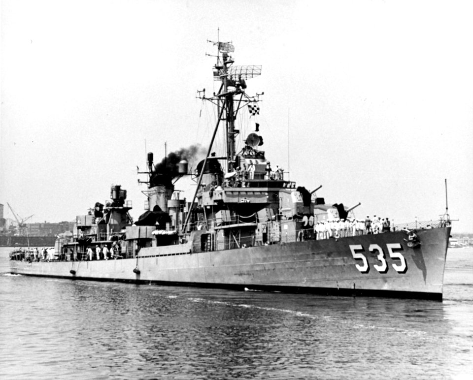 USS Miller (DD-535) in port, circa the early 1960s (NH 98528)