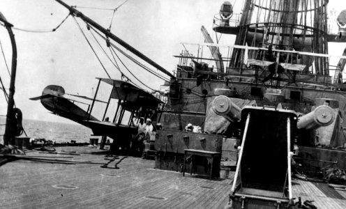 USS Mississippi quarterdeck with flying boat 80-G-461428