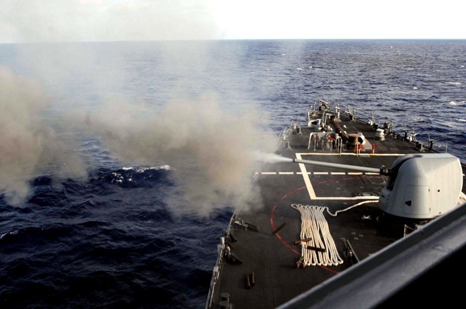 USS Mitscher (DDG-57) firing 5-inch Mark 45-54-caliber gun during sinking exercise 2010