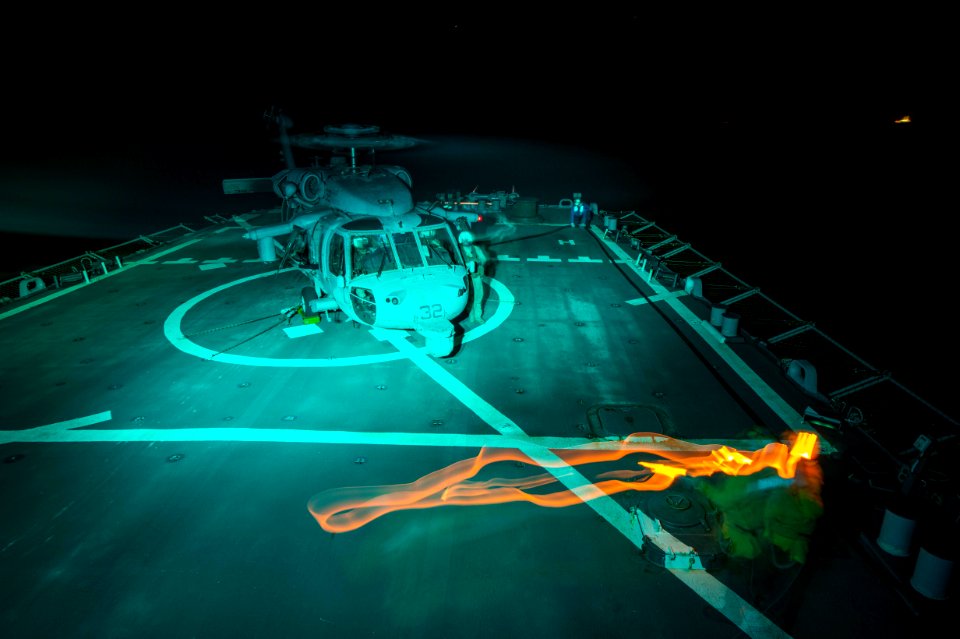 USS Mitscher conducts night flight operations. (16030977906)