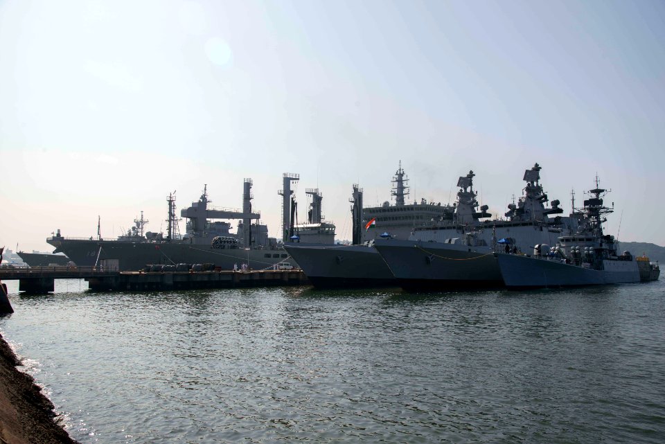 USS Mobile Bay, JS Hyuga (DDH 181), INS Shakti (A 57), INS Sahyadri (F 49) and INS Satpura (F 48) as well as INS Kirch (P 62) in port for Malabar 2016