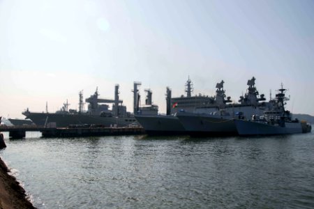 USS Mobile Bay, JS Hyuga (DDH 181), INS Shakti (A 57), INS Sahyadri (F 49) and INS Satpura (F 48) as well as INS Kirch (P 62) in port for Malabar 2016