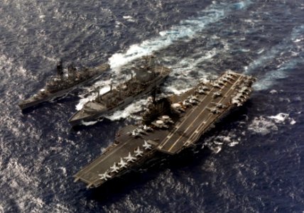 USS Monongahela (AO-178) refueling CV-43 and DDG-41 1989