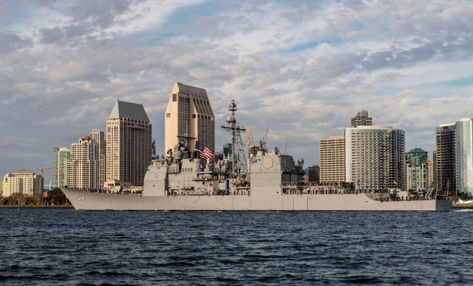 USS Mobile Bay departs Naval Base San Diego as part of the Great Green Fleet. (24417542951)