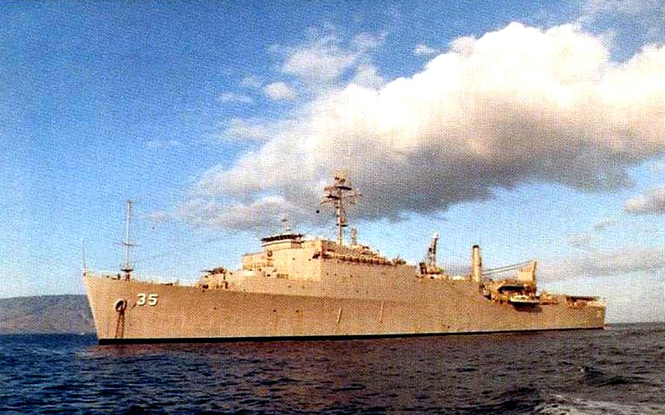 USS Monticello (LSD-35) at anchor c1985