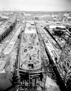 USS Morton (DD-948) under construction at Ingalls Shipbuilding c1957 photo