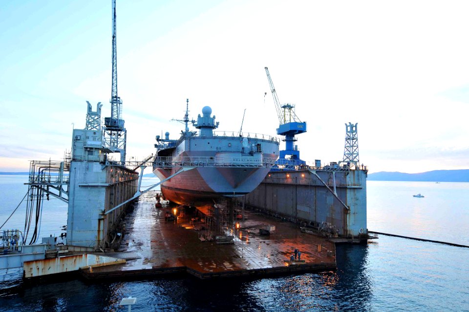 USS Mount Whitney begins the dry dock process and reconstruction in Rijeka, Croatia. (16325331191)