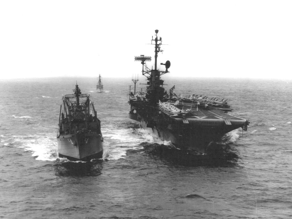 USS Mount Baker (AE-4) and USS Ticonderoga (CVA-14) underway in 1965