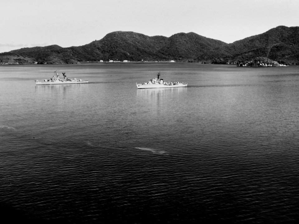 USS Mullinnix (DD-944) and Venezuelan destroyer ARV Zulia (D-21) leave the Naval Station Trinidad on 12 November 1962