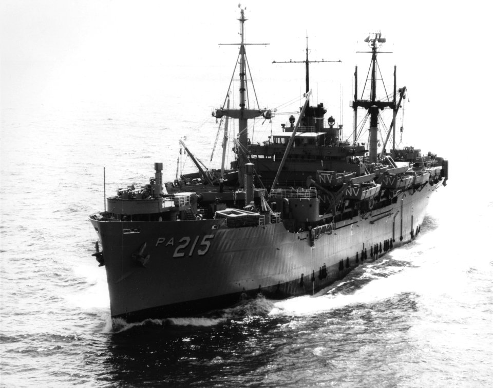 USS Navarro (APA-215) operating off the coast of Oahu on 8 May 1965 (USN 1112172)