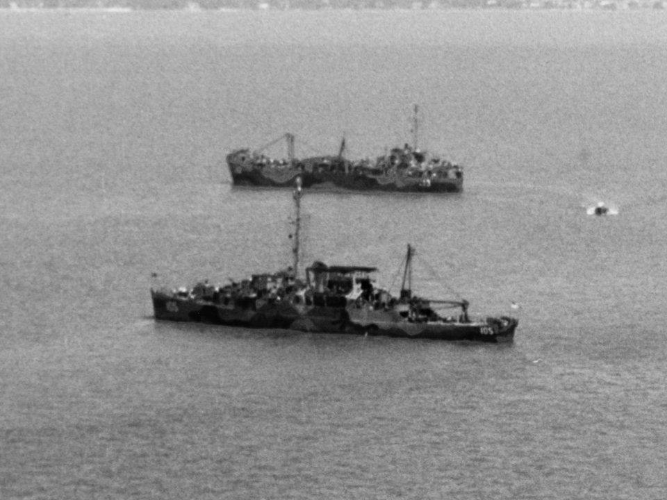 USS Myers (APD-105) in Hampton Roads on 11 June 1945 (NH 107743)