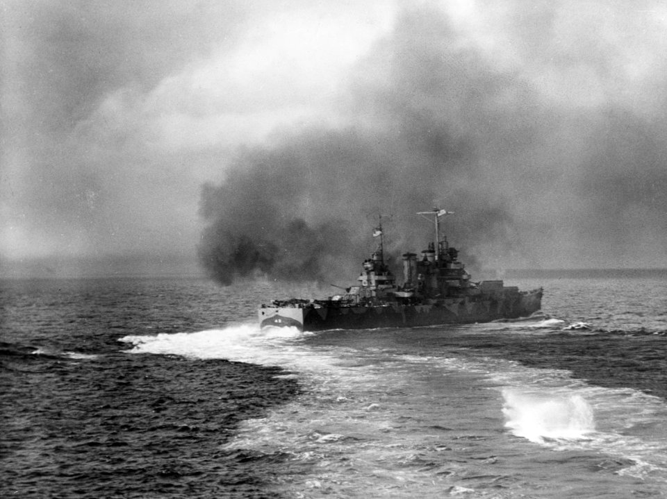 USS Nashville (CL-43) bombarding Kiska Island on 8 August 1942